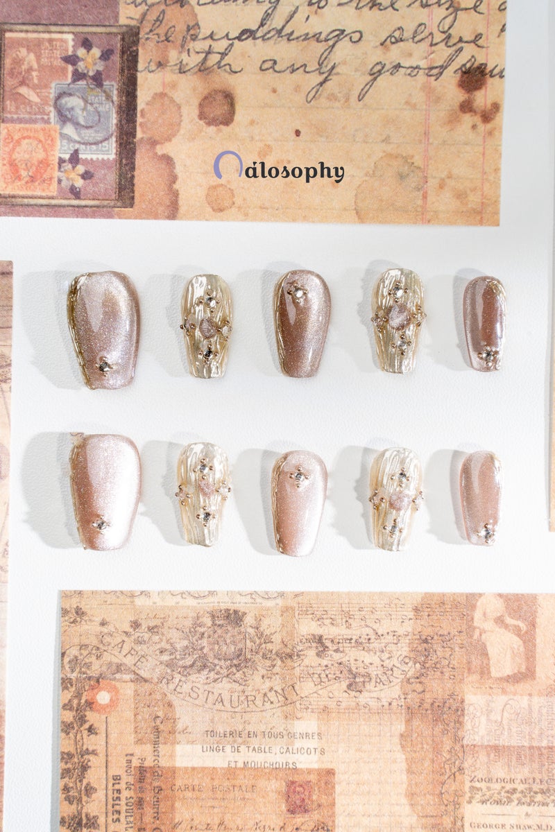 Nailosophy Handmade Luxury Press-on Nails 3D Molten Silver & Champagne Cat-Eye with Crystals | Coffin Shape - Image 2